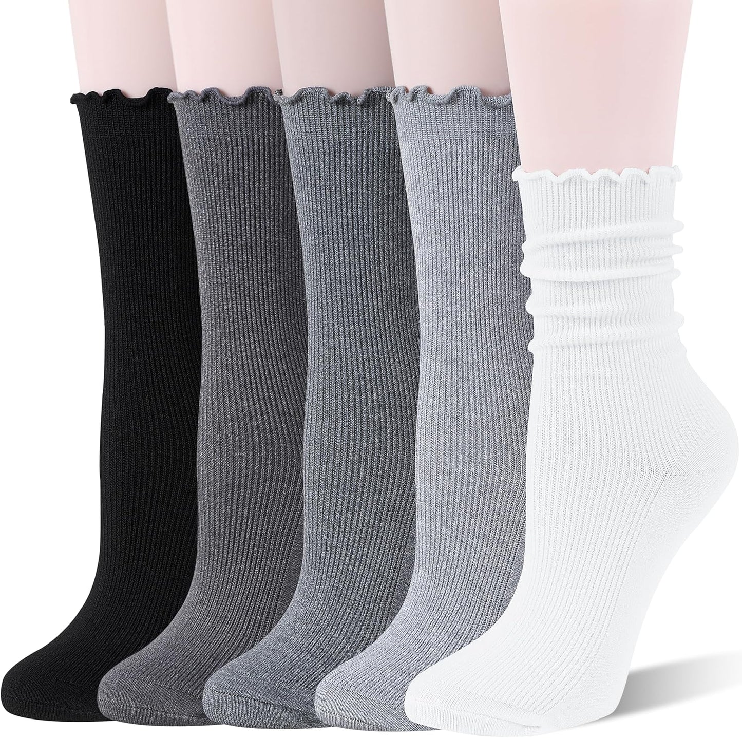 Thin Merino Wool Ruffle Boot Socks Warm Winter Cozy Frilly Soft Crew Work Gifts Socks for Womens 5 Pairs Stocking Stuffers
