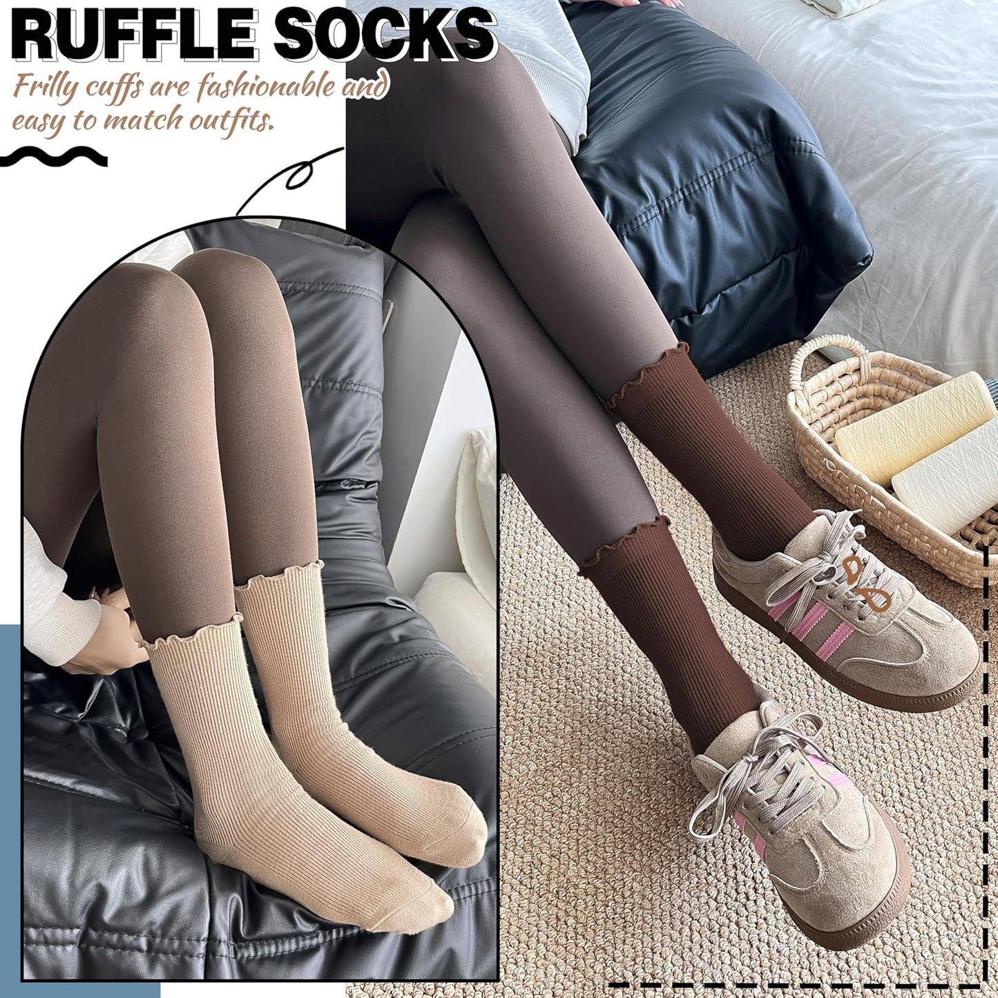 Thin Merino Wool Ruffle Boot Socks Warm Winter Cozy Frilly Soft Crew Work Gifts Socks for Womens 5 Pairs Stocking Stuffers