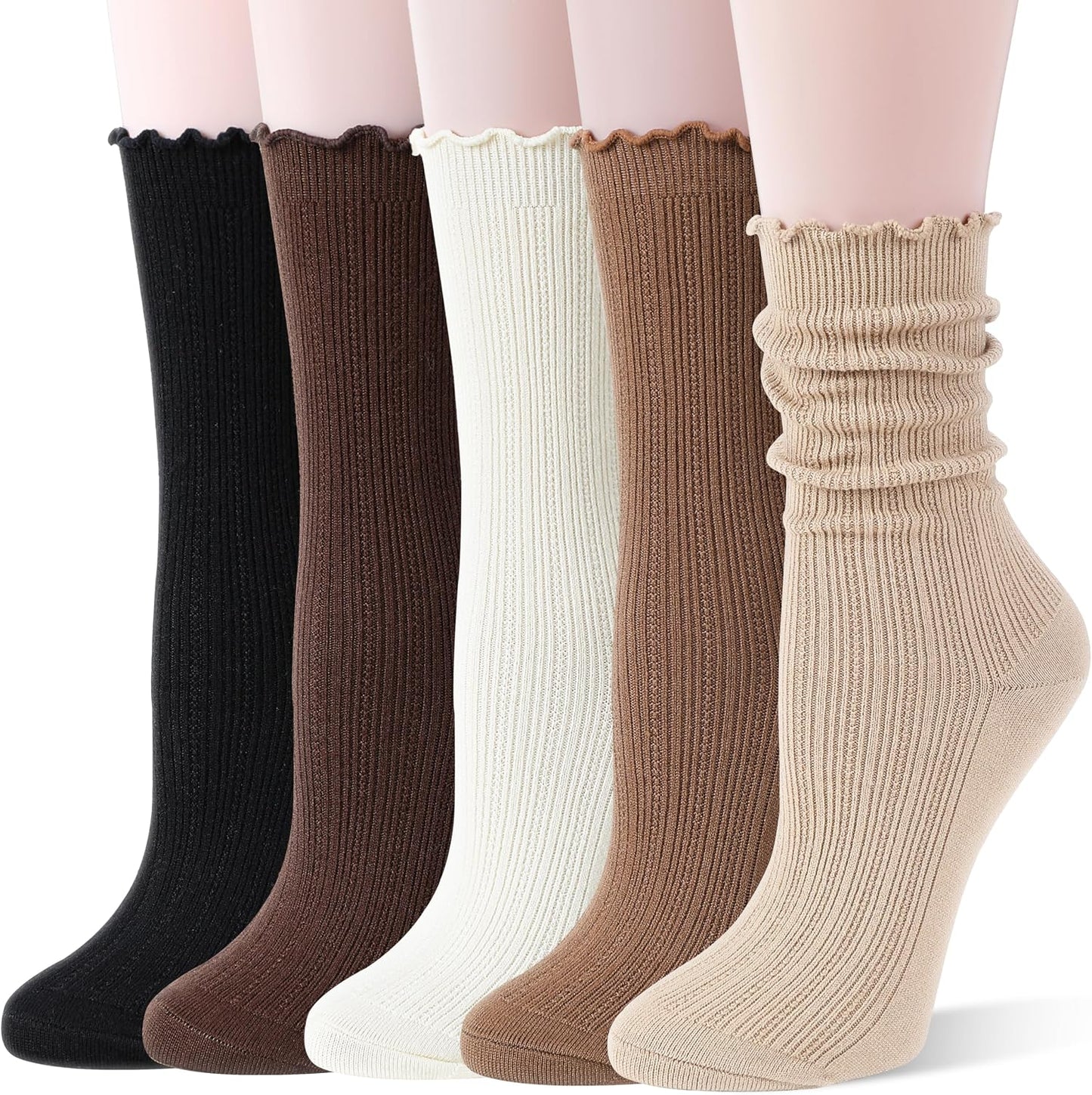 Thin Merino Wool Ruffle Boot Socks Warm Winter Cozy Frilly Soft Crew Work Gifts Socks for Womens 5 Pairs Stocking Stuffers