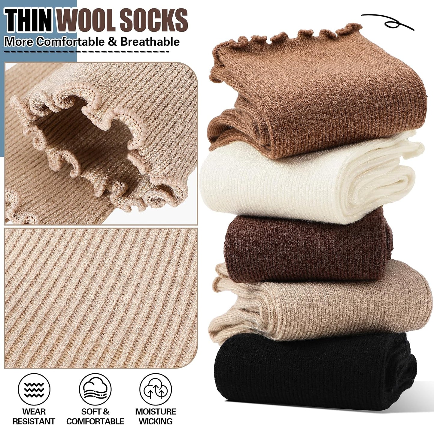 Thin Merino Wool Ruffle Boot Socks Warm Winter Cozy Frilly Soft Crew Work Gifts Socks for Womens 5 Pairs Stocking Stuffers