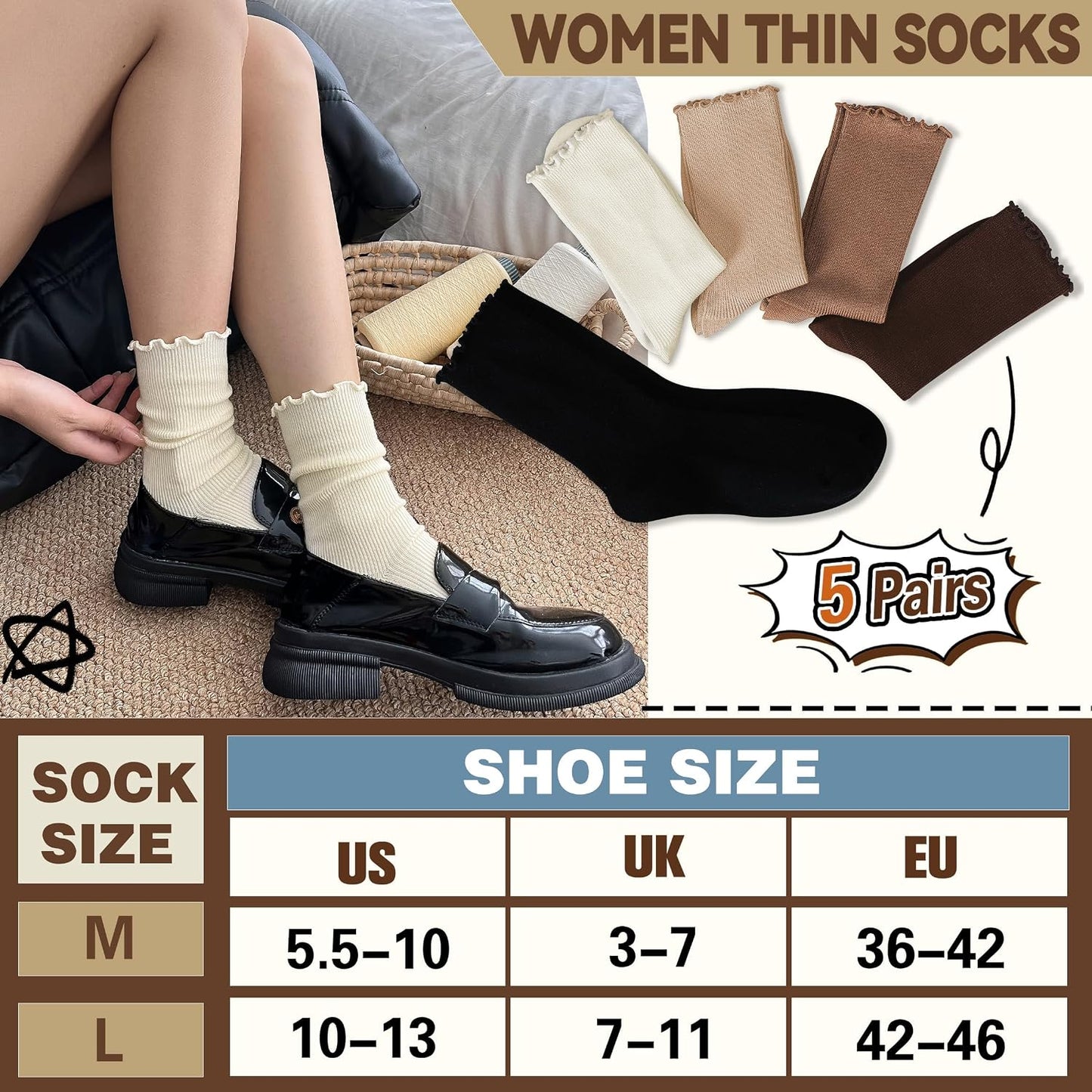 Thin Merino Wool Ruffle Boot Socks Warm Winter Cozy Frilly Soft Crew Work Gifts Socks for Womens 5 Pairs Stocking Stuffers